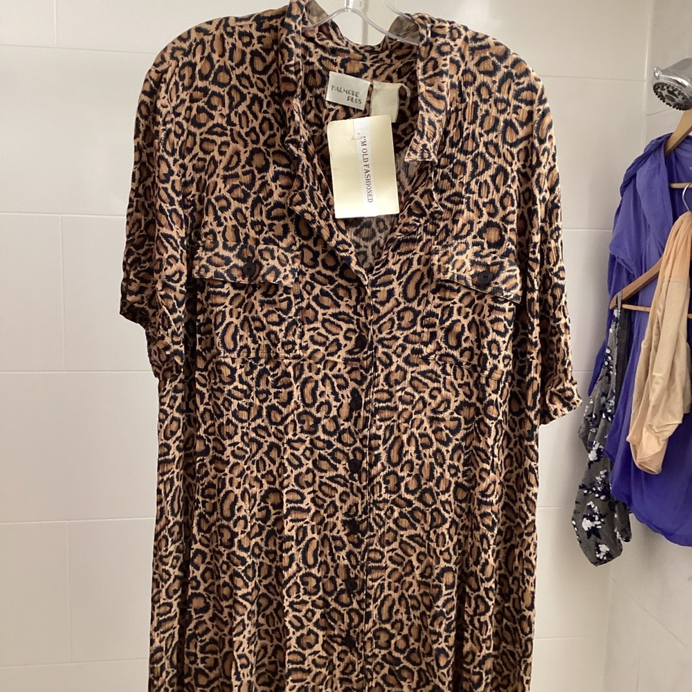 3X Vintage Leopard Button Front 80s Shirt Midi Dress Soft Crinkle Rayon A Line
